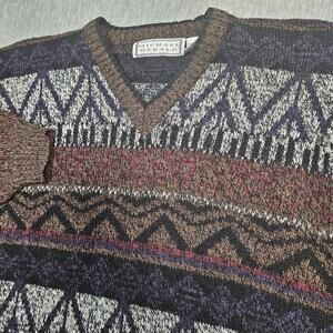 VTG Michael Gerald Sweater Mens L Brown V-Neck Pullover Geometric Acrylic Knit